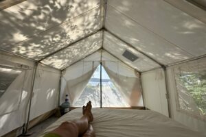 Gold prospector tent looking outside
